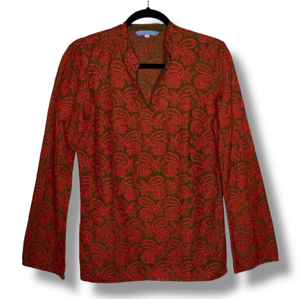 Johnny Was Paisley Blouse Red Brown Boho V Neck Long Sleeve Tunic Top Size Small